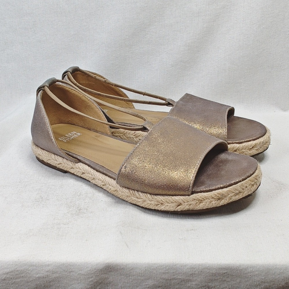 Eileen Fisher Mews Espadrille Sandals 7.5 Bronze Metallic Leather Strappy Flat